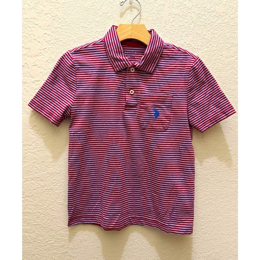U.S. Polo Assn. Boys M (8) Red/White Striped Short Sleeve Collared Polo Shirt